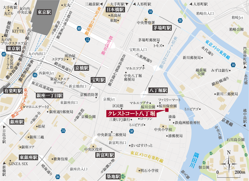 クレストコート八丁堀　現地案内図